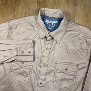 Wrangler Mens Pearl Snap Western Long Sleeve Button Up Shirt Tan Men's Medium